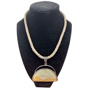 Obsidian Sterling Picture Jasper Pendant Necklace Beige Cord Boho Modernist